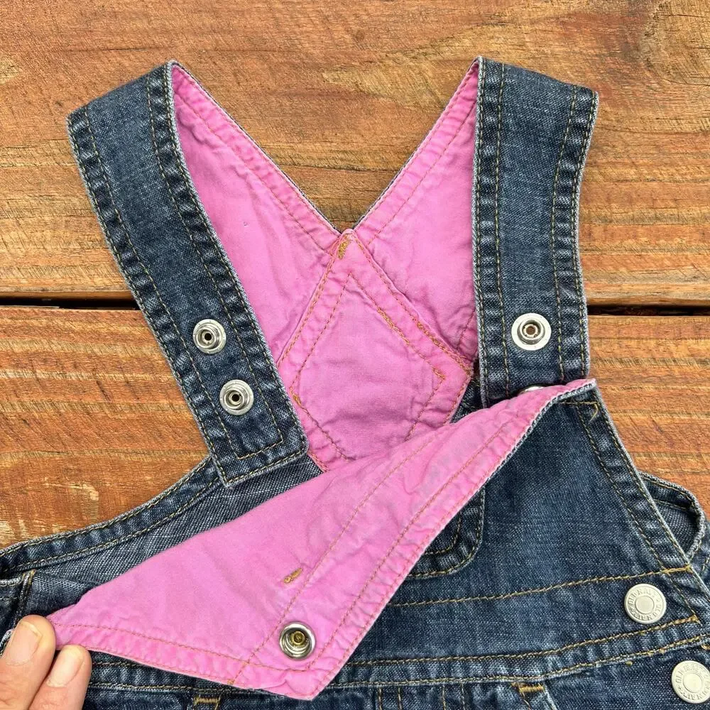 Baby Denim Overall Dress 3-6M Vintage Y2K Ruffle Hem Pink Lined Easter Outfit